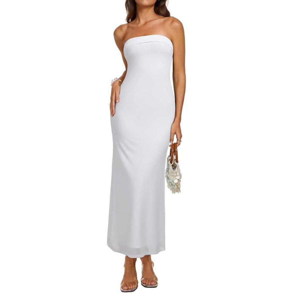 Women's White Summer Floral Mesh Strapless Backless Beach Cocktail Midi - Picture 4 of 5
